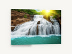 Sunlit Turquoise Cascade, sunlit waterfall turquoise pool photograph, coastal canvas wall art print ready to hang