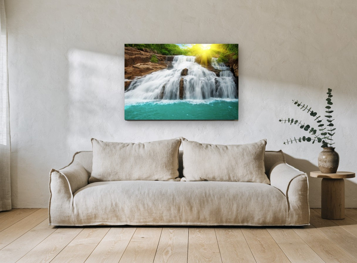 Sunlit Turquoise Cascade coastal canvas print on the wall of a living room