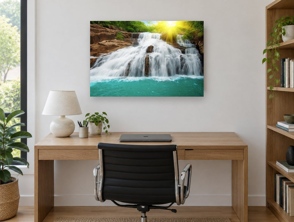 Sunlit Turquoise Cascade coastal canvas print on the wall of a study