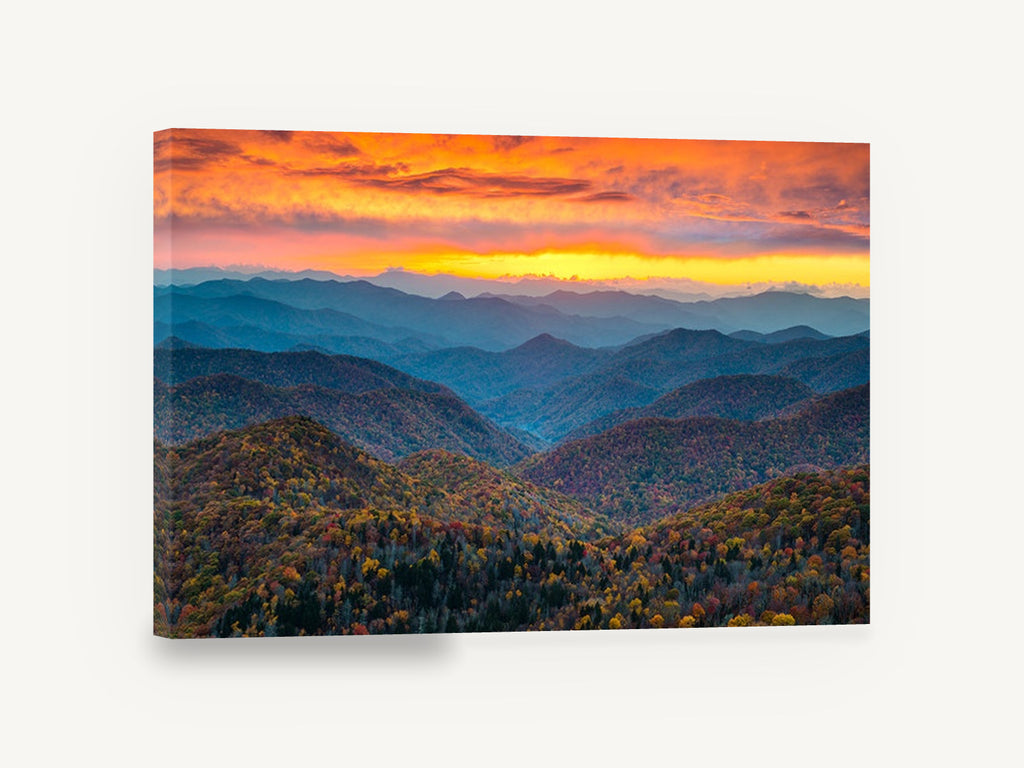 Ember Sky Ridgelines, autumn mountain ridges sunset photograph, landscape canvas wall art print ready to hang