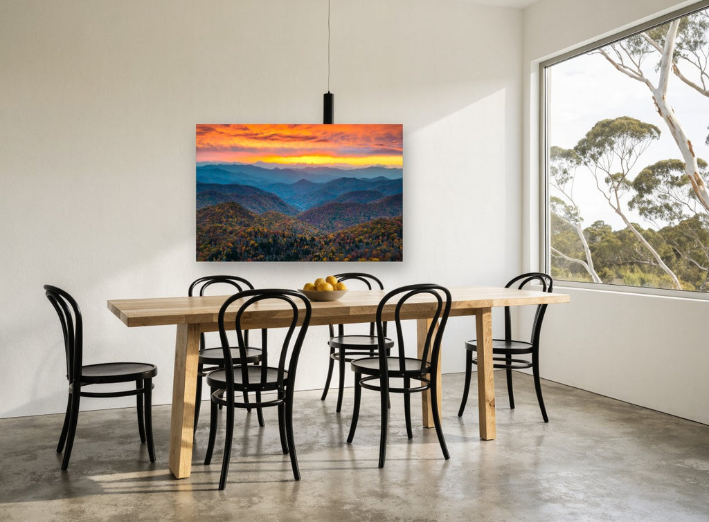 Ember Sky Ridgelines landscape canvas print on the wall of a dining room