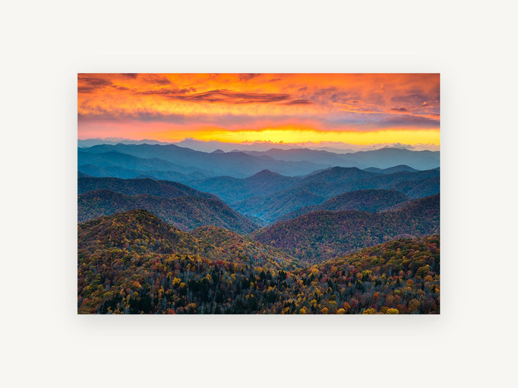 Ember Sky Ridgelines, autumn mountain ridges sunset photograph, landscape canvas wall art print, front view