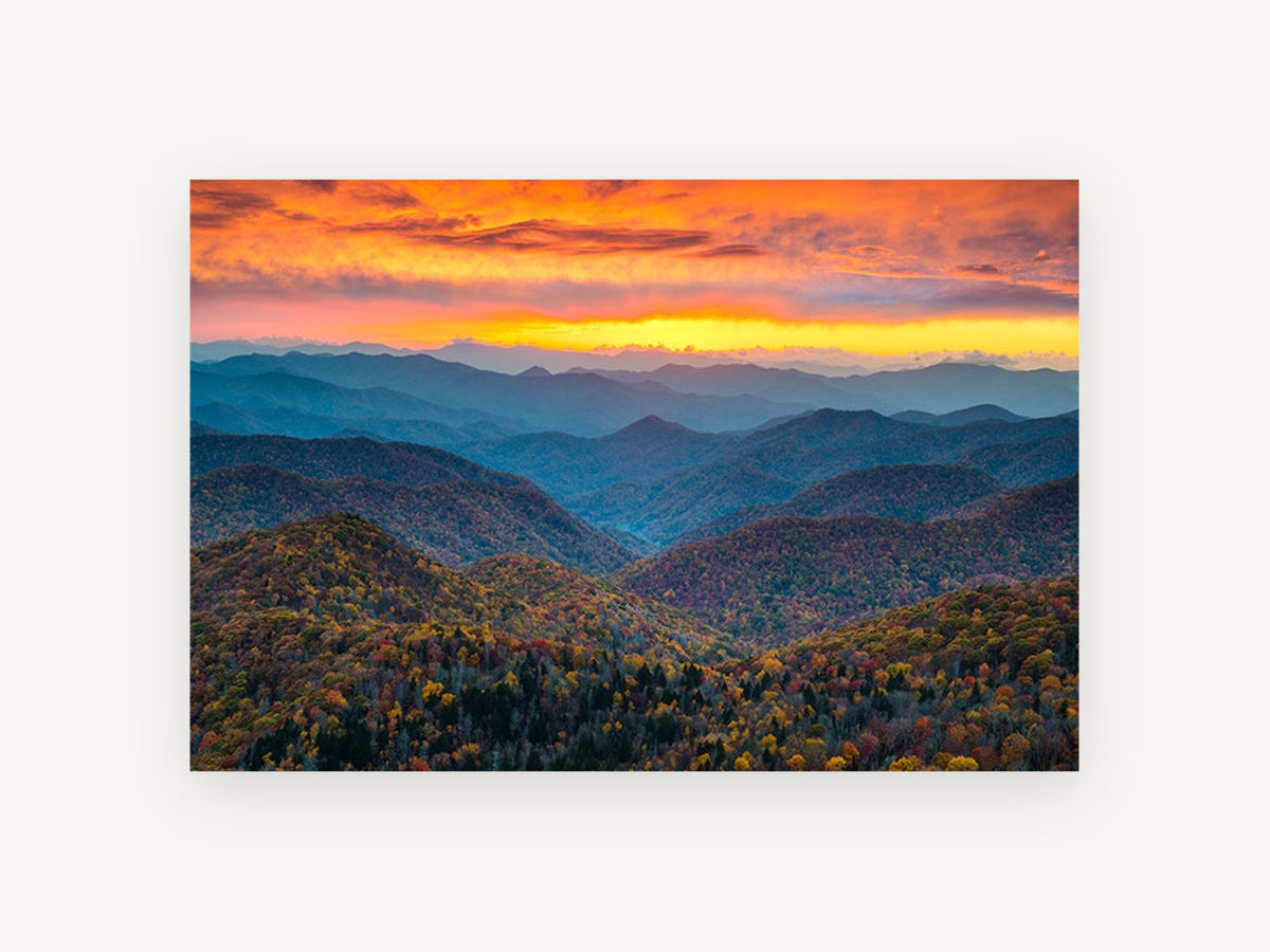 Ember Sky Ridgelines, autumn mountain ridges sunset photograph, landscape canvas wall art print, front view