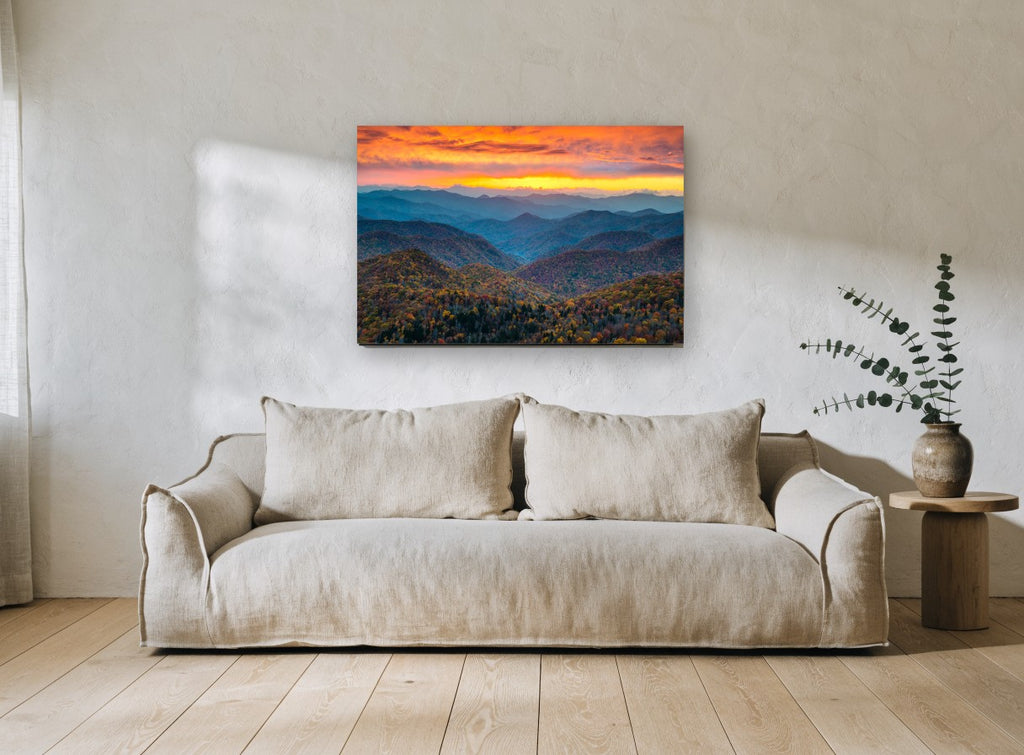 Ember Sky Ridgelines landscape canvas print on the wall of a living room