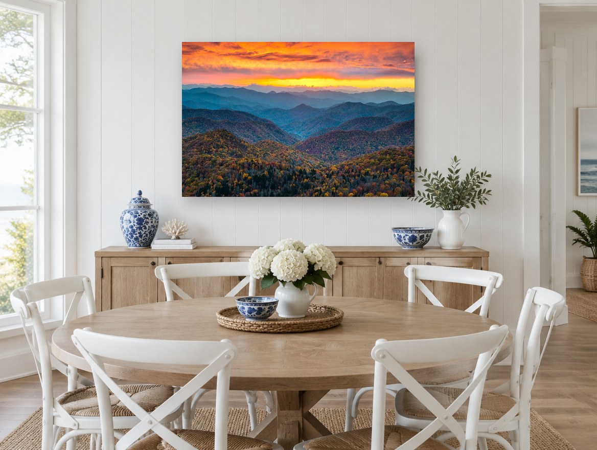 Ember Sky Ridgelines landscape canvas print on the wall of a Hamptons dining room