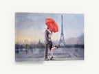 Red Umbrella Kiss, paris couple under red umbrella, city canvas wall art print ready to hang