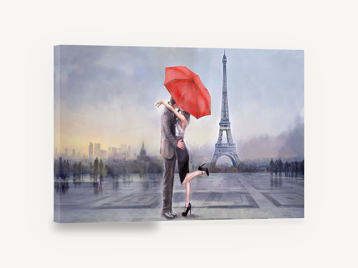 Red Umbrella Kiss, paris couple under red umbrella, city canvas wall art print ready to hang