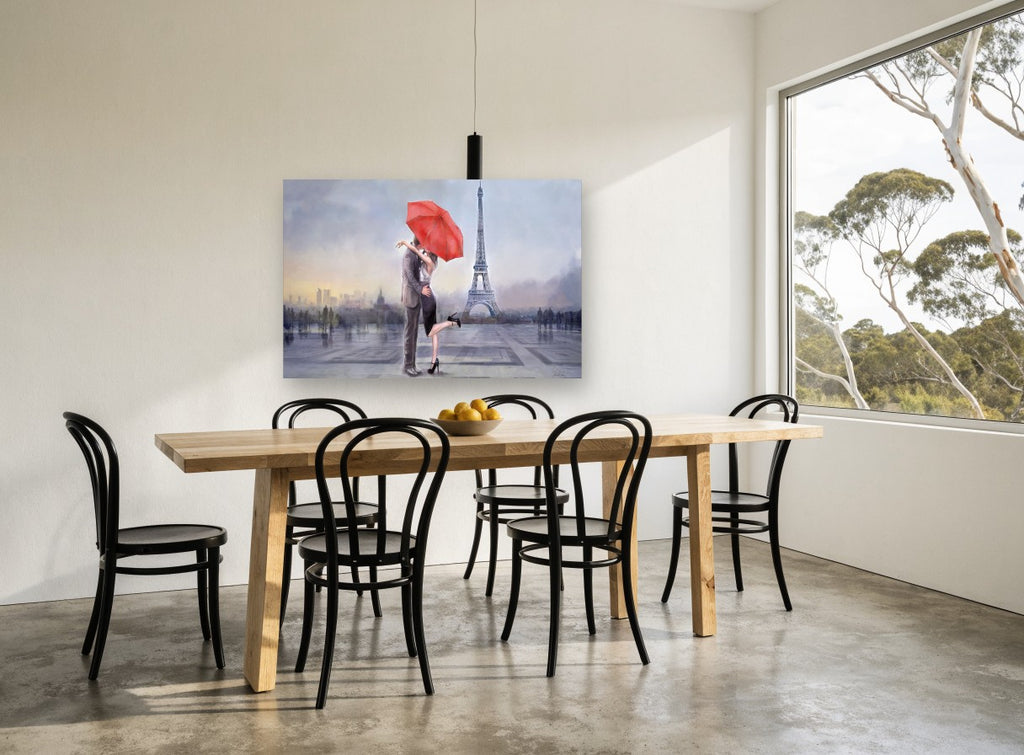 Red Umbrella Kiss city canvas print on the wall of a dining room