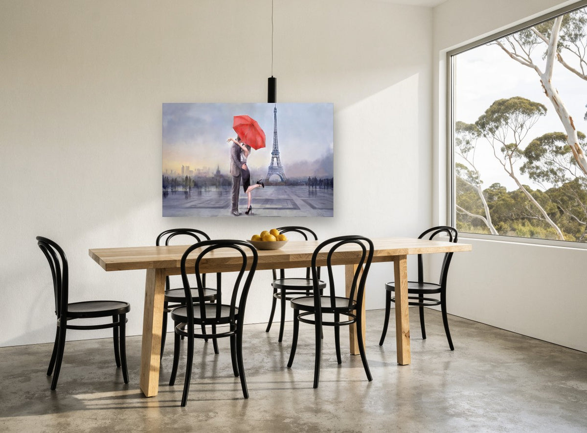 Red Umbrella Kiss city canvas print on the wall of a dining room