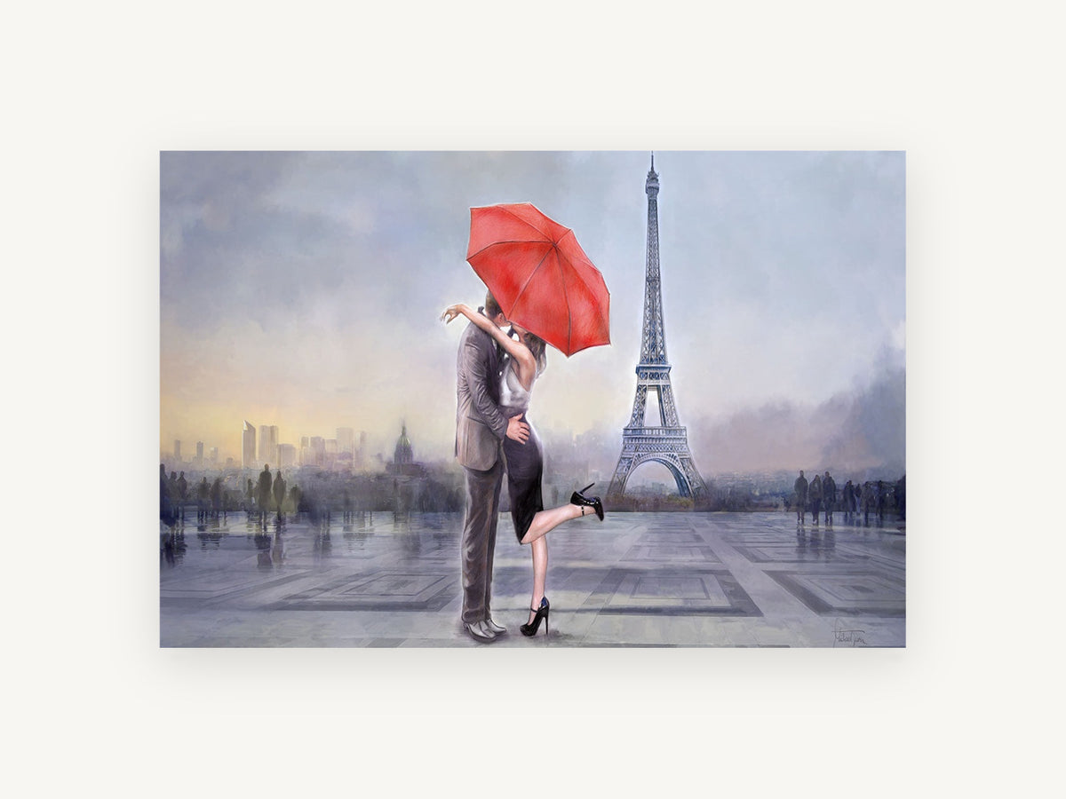 Red Umbrella Kiss, paris couple under red umbrella, city canvas wall art print, front view