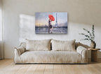 Red Umbrella Kiss city canvas print on the wall of a living room