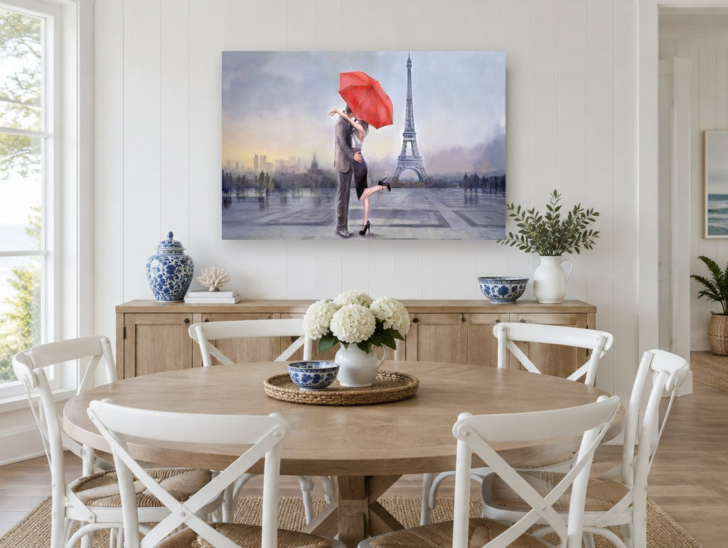 Red Umbrella Kiss city canvas print on the wall of a Hamptons dining room