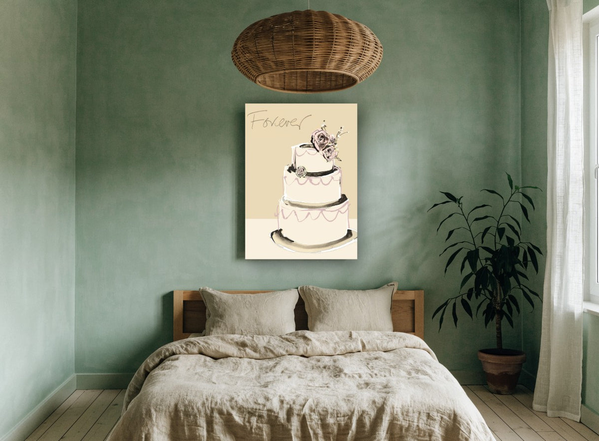 Forever Wedding Cake vintage canvas print on the wall of a bedroom