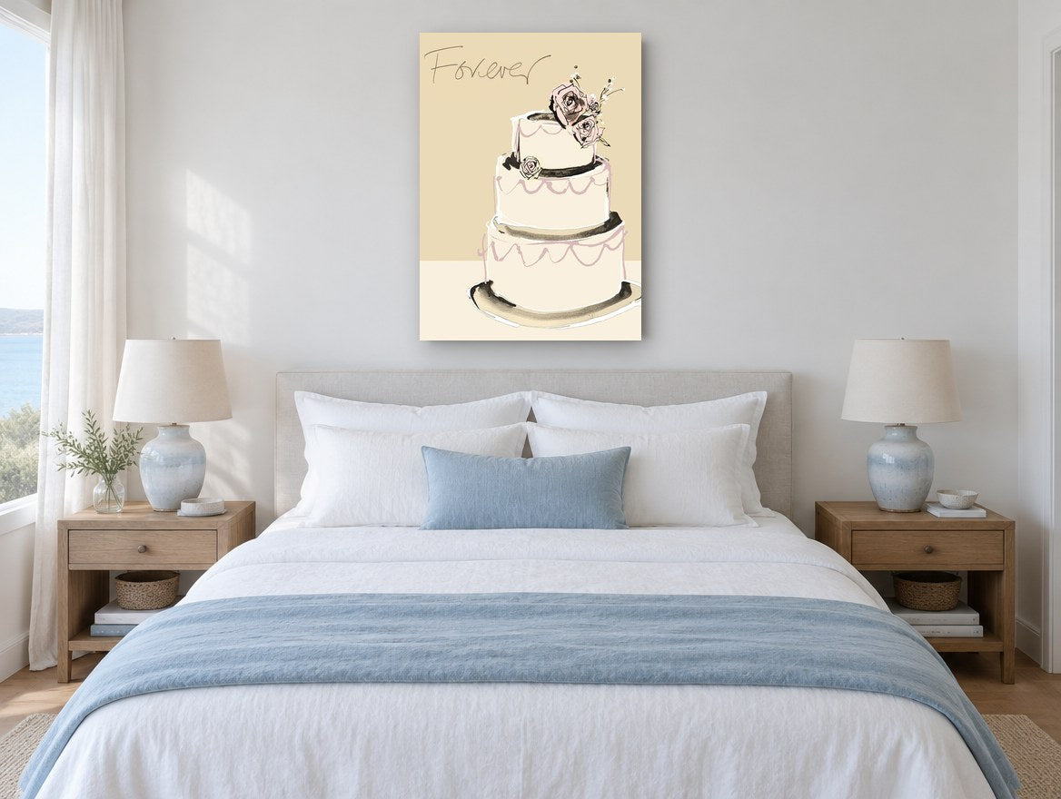 Forever Wedding Cake vintage canvas print on the wall of a coastal bedroom