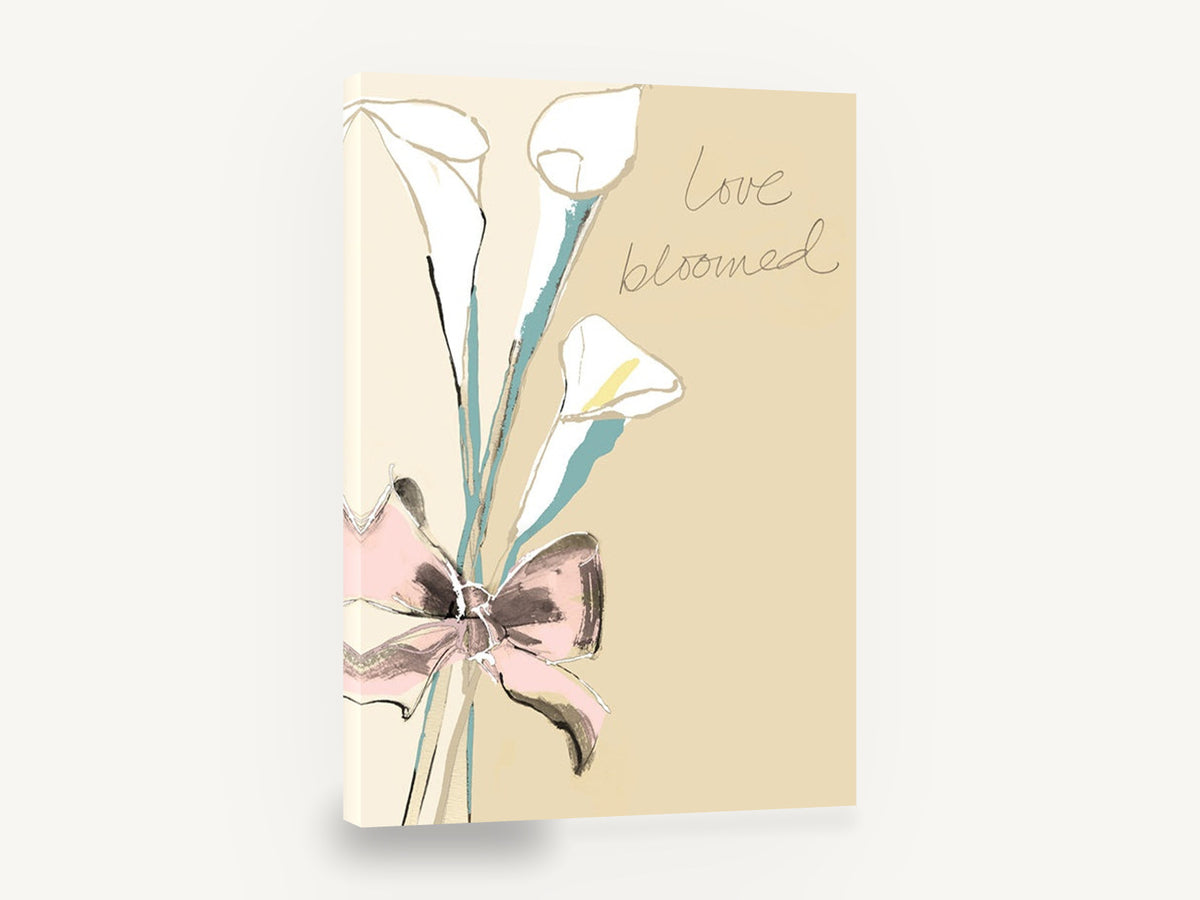 Calla Lilies and Pink Bow, calla lily bouquet pink bow illustration, floral canvas wall art print ready to hang