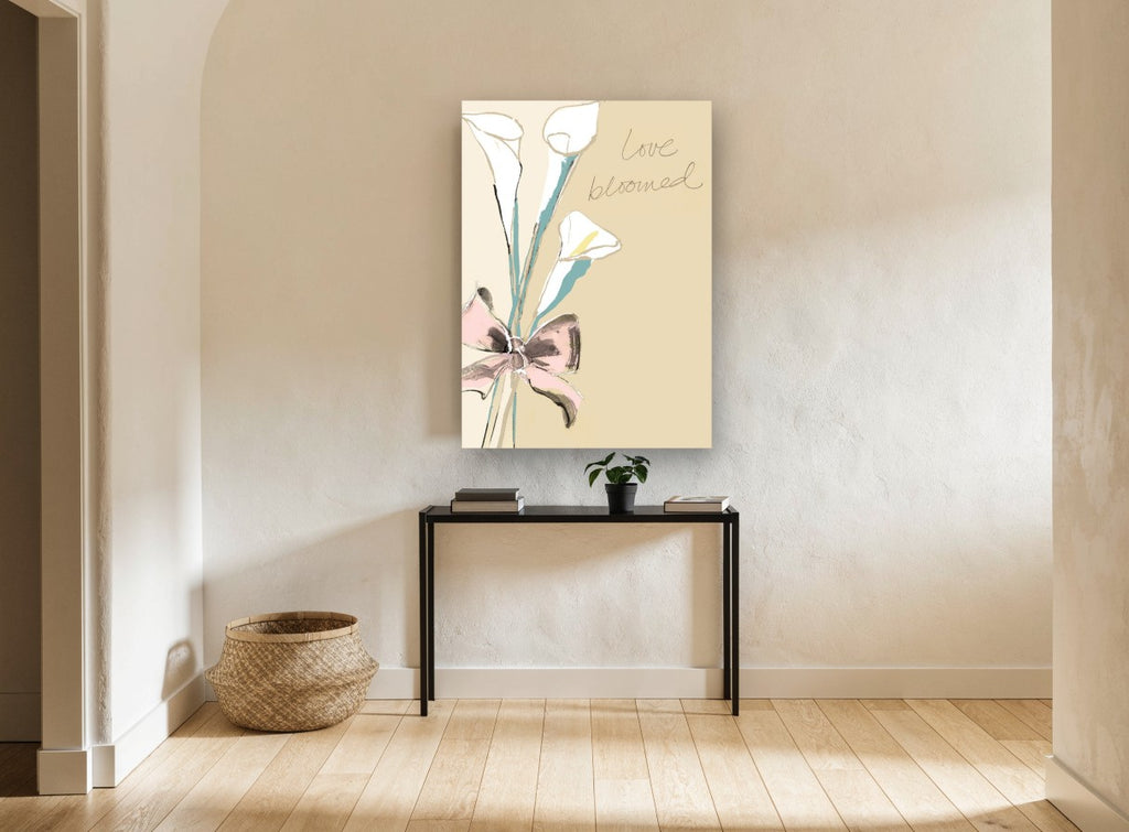 Calla Lilies and Pink Bow floral canvas print on the wall of a hallway