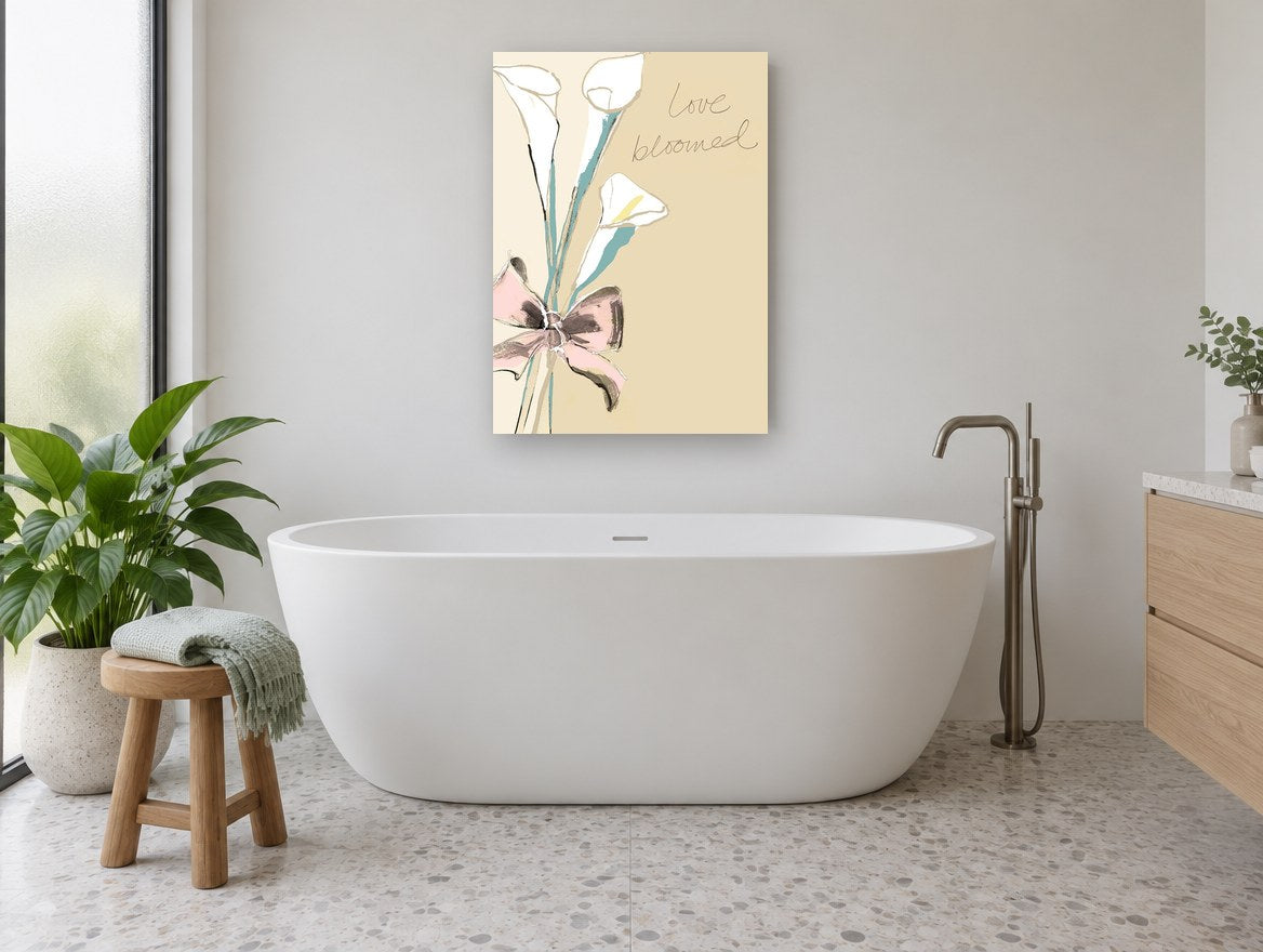 Calla Lilies and Pink Bow floral canvas print on the wall of a bathroom