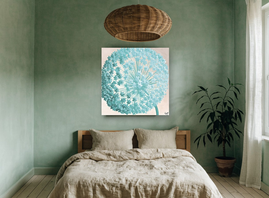 Teal Allium Burst floral canvas print on the wall of a bedroom