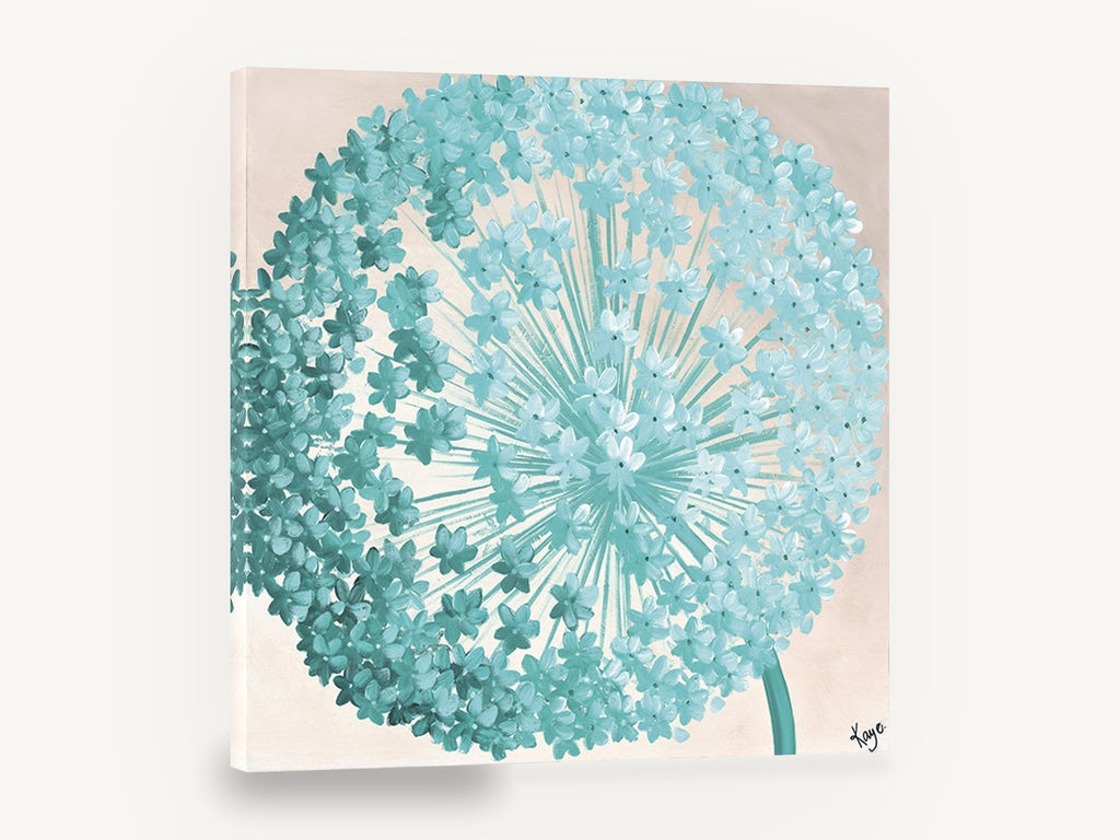 Teal Allium Burst, teal allium flower head painting, floral canvas wall art print ready to hang