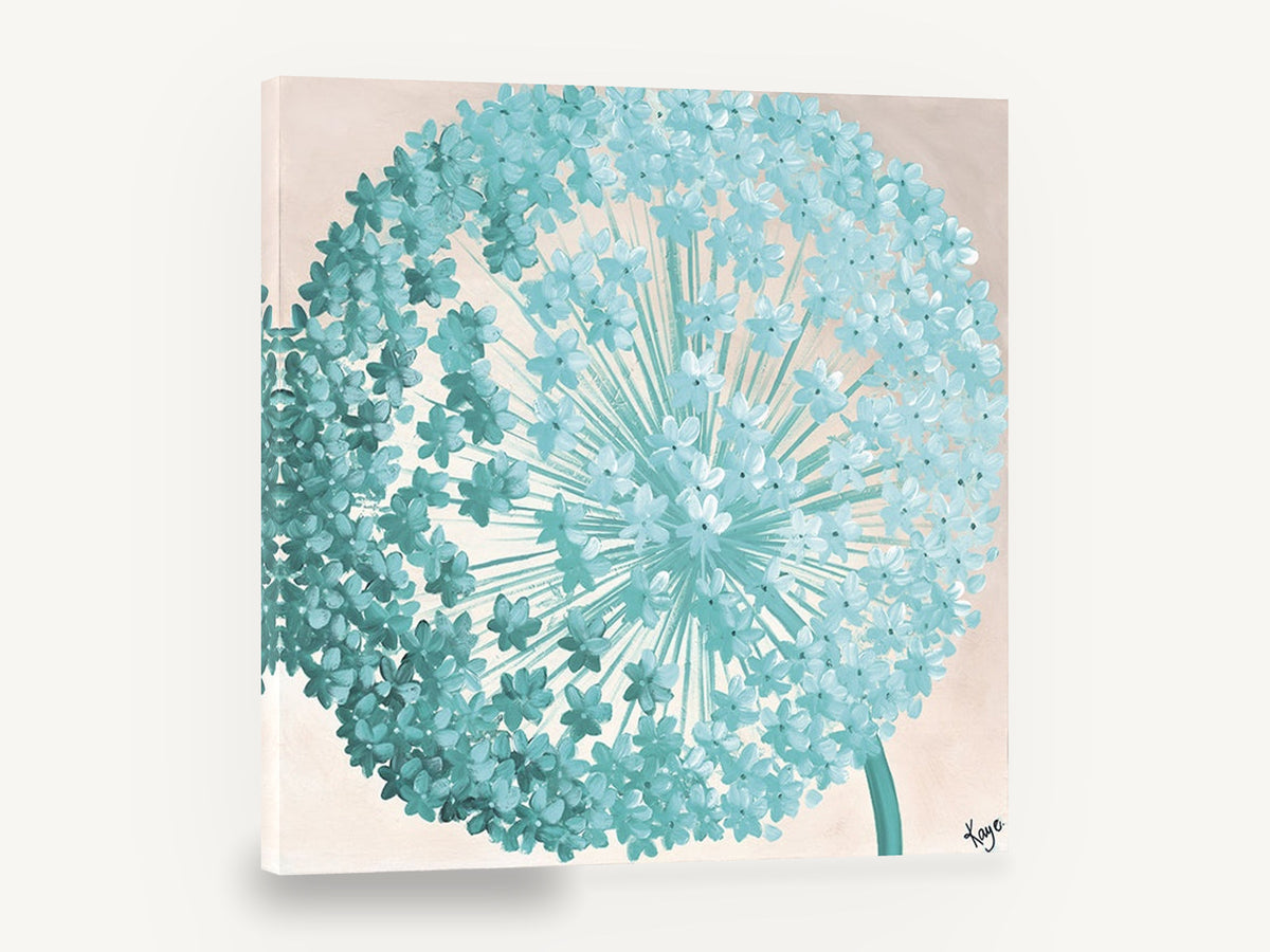 Teal Allium Burst, teal allium flower head painting, floral canvas wall art print ready to hang