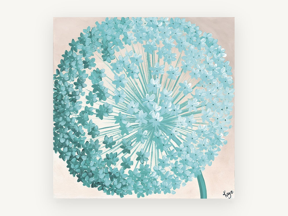 Teal Allium Burst, floral canvas wall art print, front view