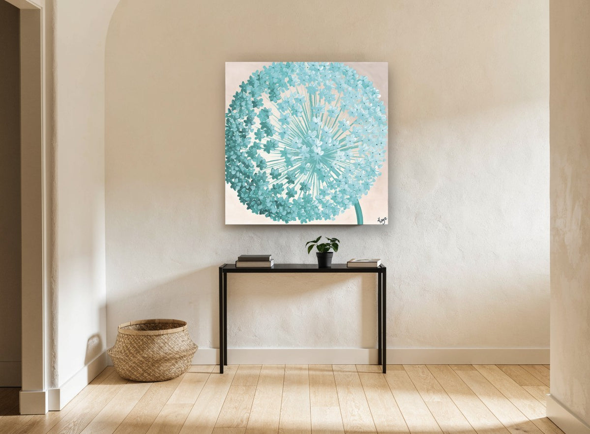 Teal Allium Burst floral canvas print on the wall of a hallway
