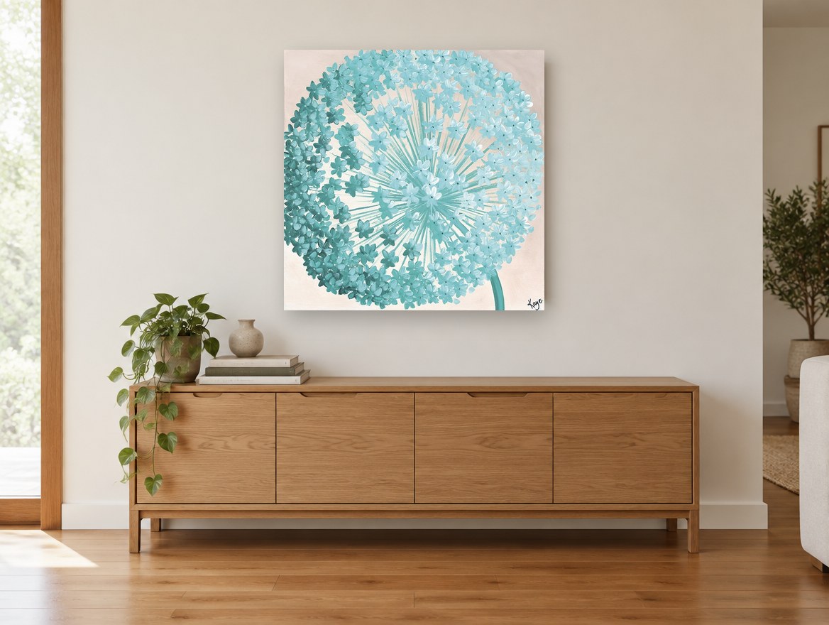 Teal Allium Burst floral canvas print on the wall of a living room above a sideboard