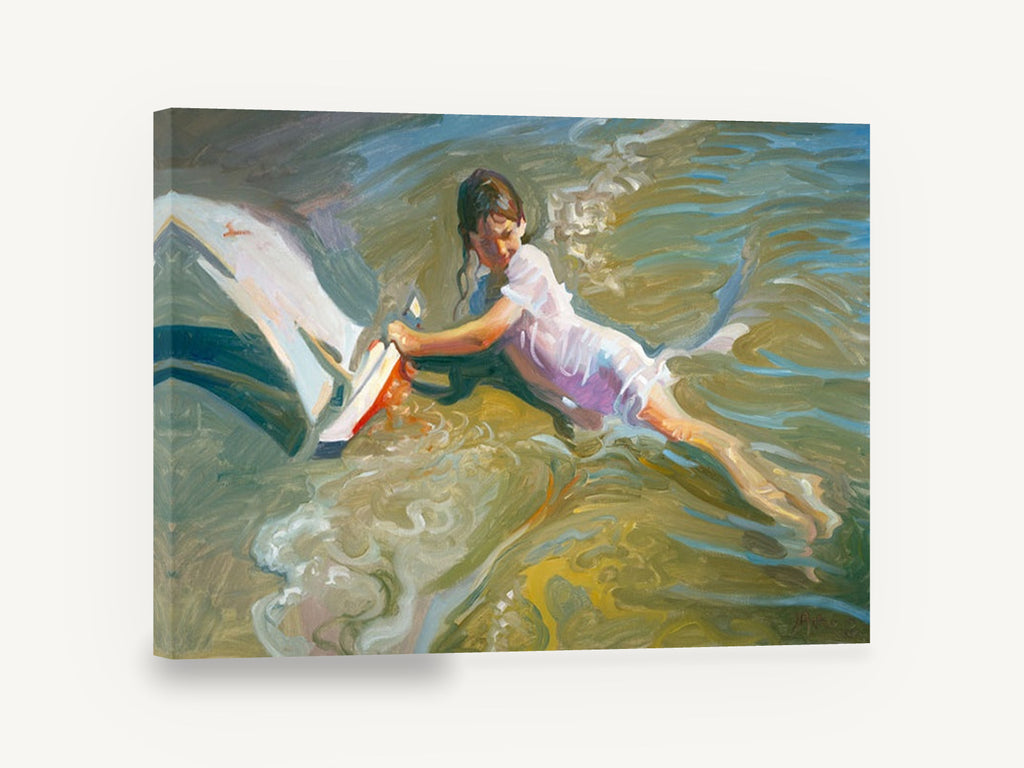 Girl Playing With Boat, girl with toy sailboat seascape, coastal canvas wall art print ready to hang