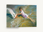 Girl Playing With Boat, girl with toy sailboat seascape, coastal canvas wall art print ready to hang