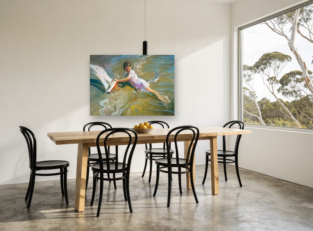 Girl Playing With Boat coastal canvas print on the wall of a dining room