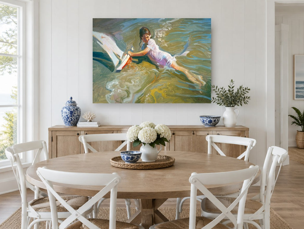 Girl Playing With Boat coastal canvas print on the wall of a Hamptons dining room