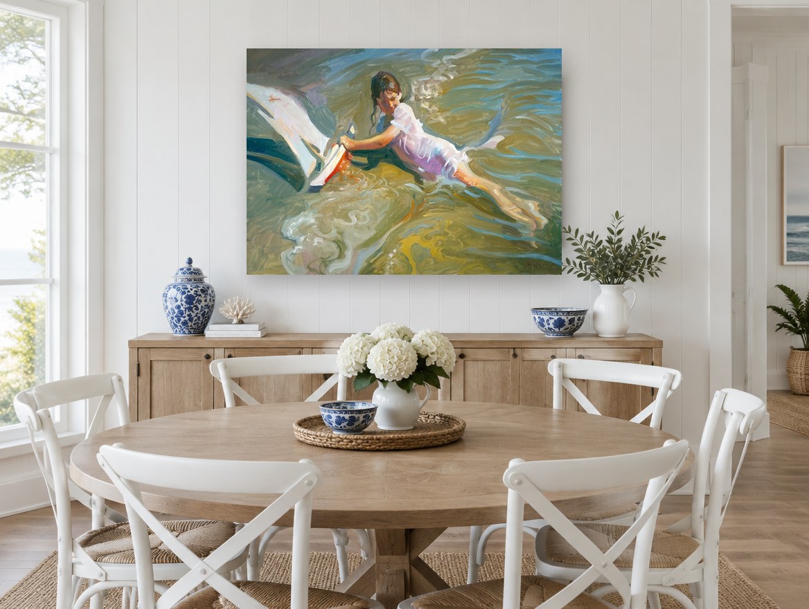 Girl Playing With Boat coastal canvas print on the wall of a Hamptons dining room