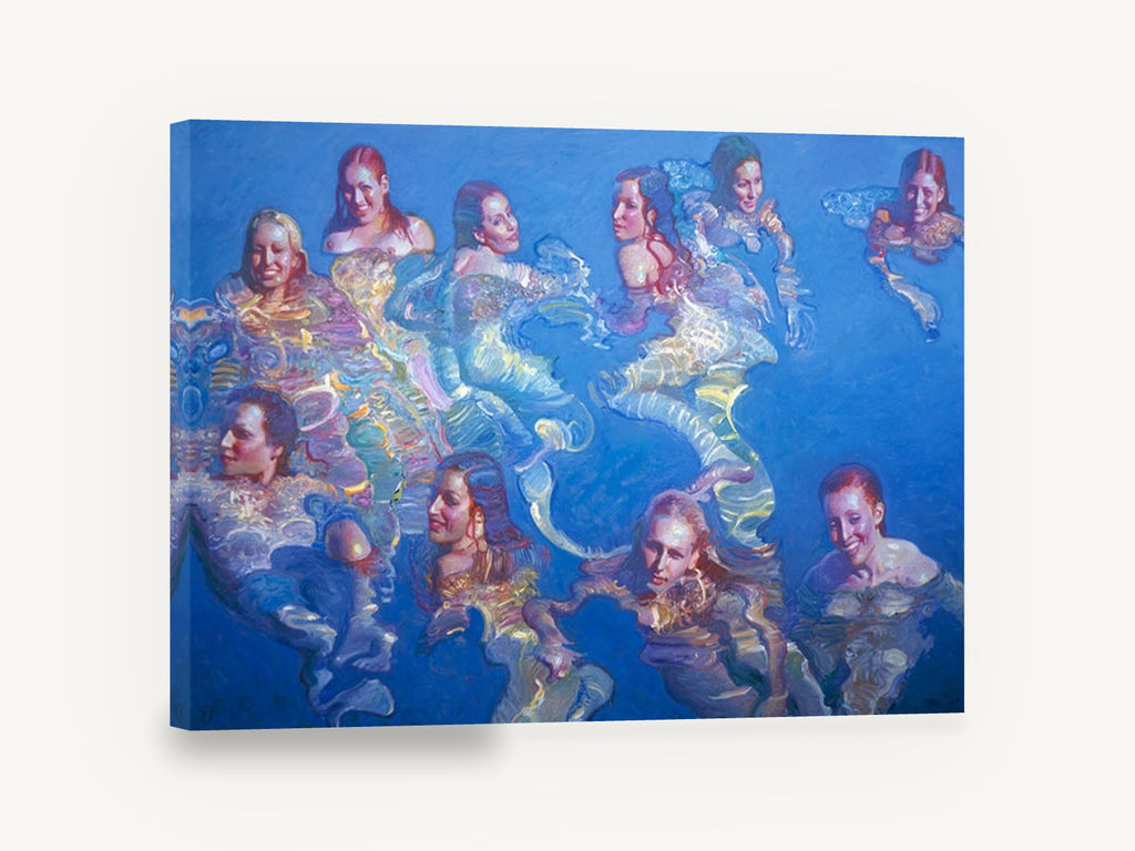 Swimmers in Blue Water, women swimming blue water figurative art, coastal canvas wall art print ready to hang