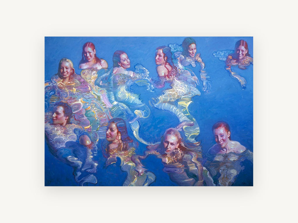 Swimmers in Blue Water, coastal canvas wall art print, front view