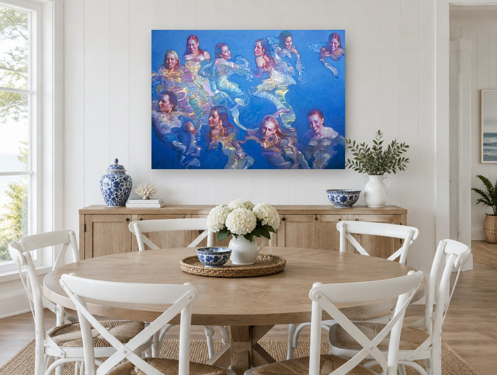 Swimmers in Blue Water coastal canvas print on the wall of a Hamptons dining room