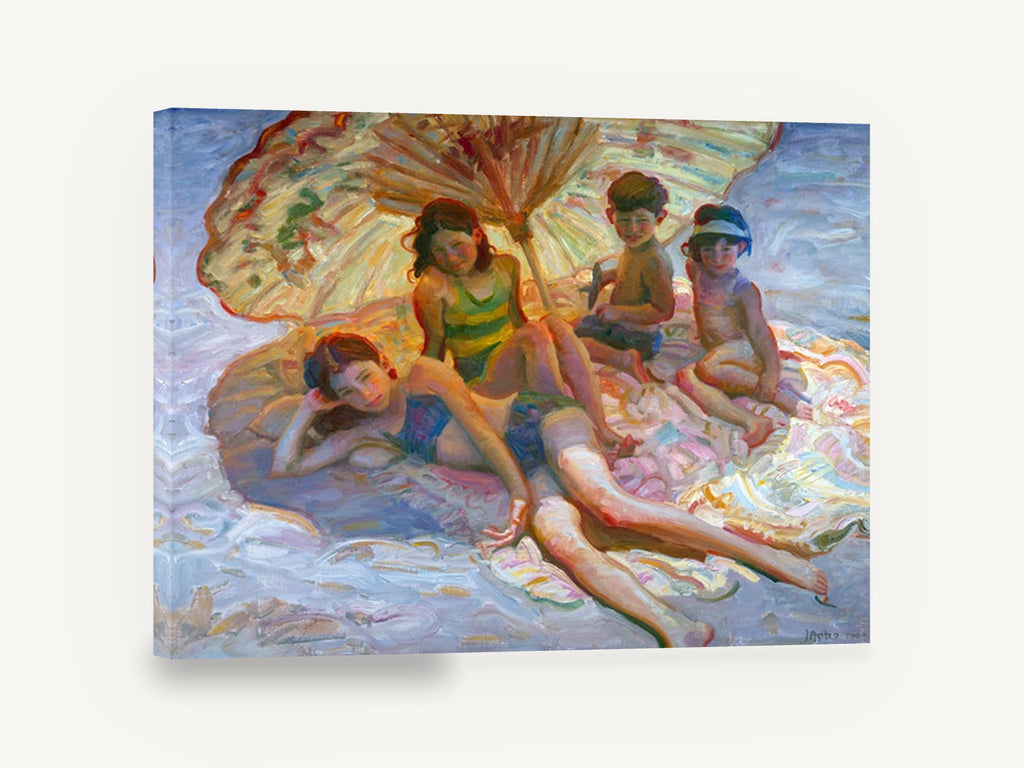 Children Under the Parasol, children beach umbrella painterly scene, coastal canvas wall art print ready to hang