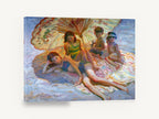 Children Under the Parasol, children beach umbrella painterly scene, coastal canvas wall art print ready to hang
