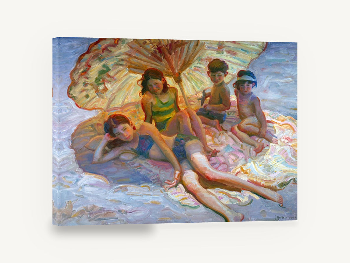 Children Under the Parasol, children beach umbrella painterly scene, coastal canvas wall art print ready to hang