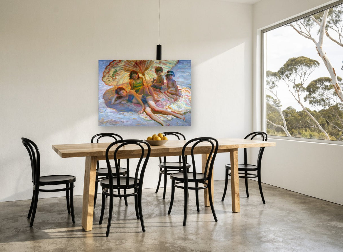 Children Under the Parasol coastal canvas print on the wall of a dining room