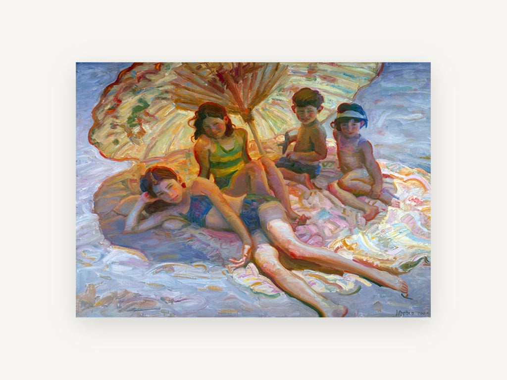 Children Under the Parasol, coastal canvas wall art print, front view