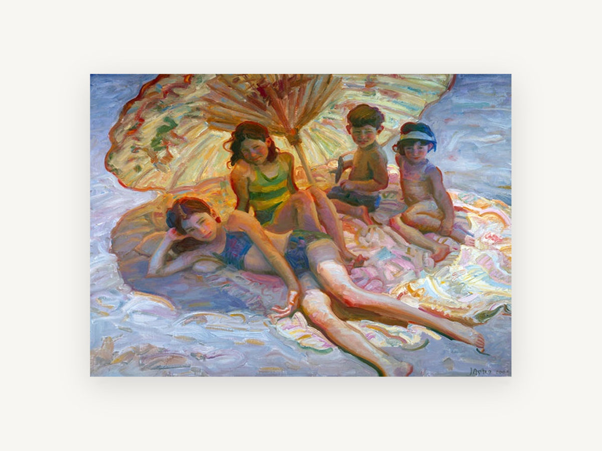 Children Under the Parasol, coastal canvas wall art print, front view