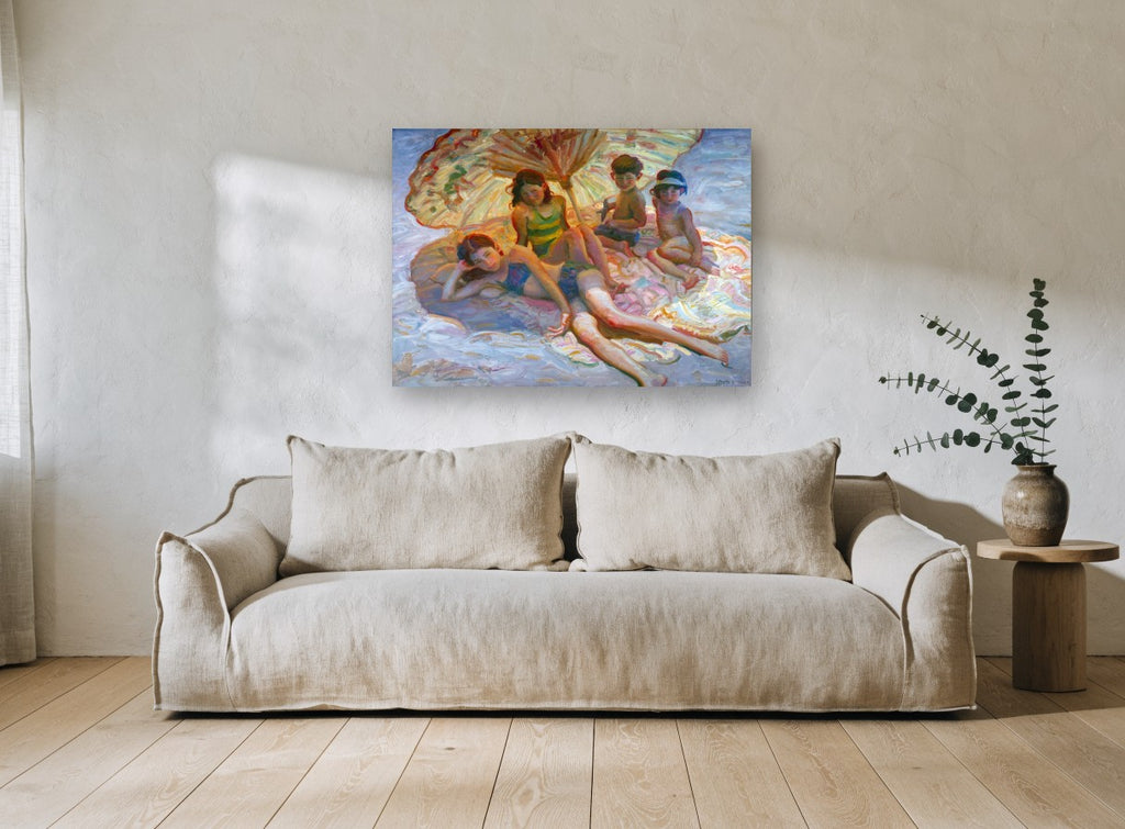 Children Under the Parasol coastal canvas print on the wall of a living room
