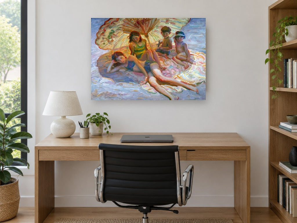 Children Under the Parasol coastal canvas print on the wall of a study
