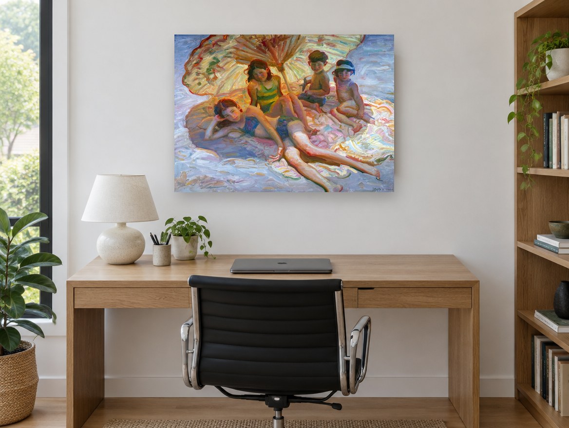 Children Under the Parasol coastal canvas print on the wall of a study