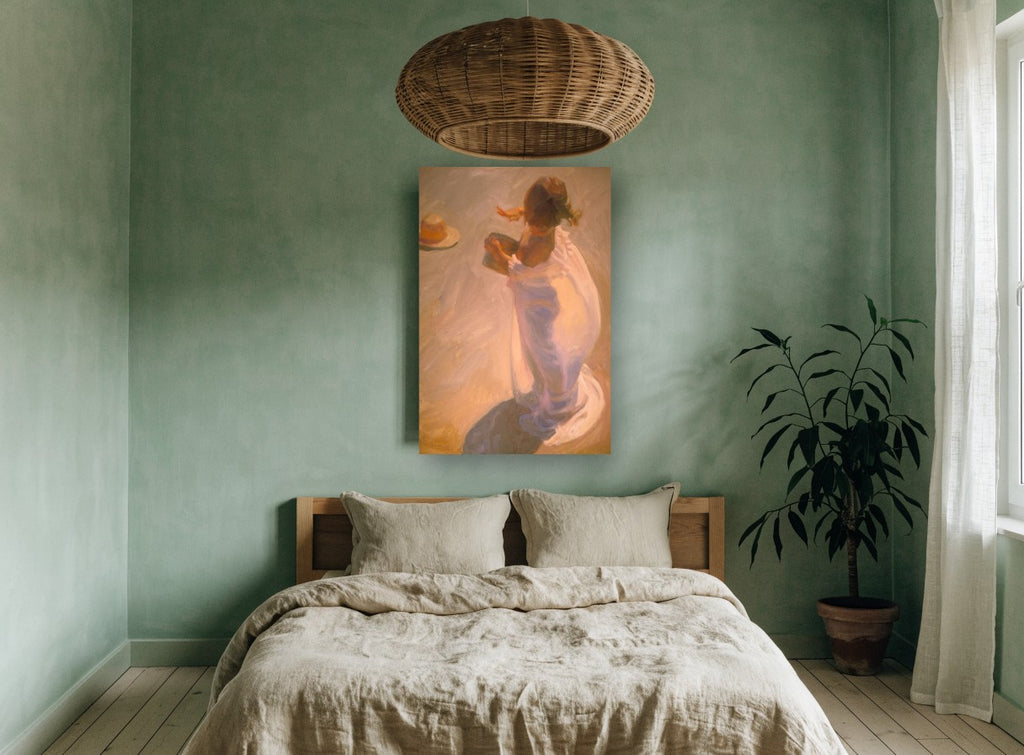Sunlit Wrap on Sand coastal canvas print on the wall of a bedroom