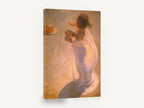 Sunlit Wrap on Sand, figure in white wrap beach painting, coastal canvas wall art print ready to hang