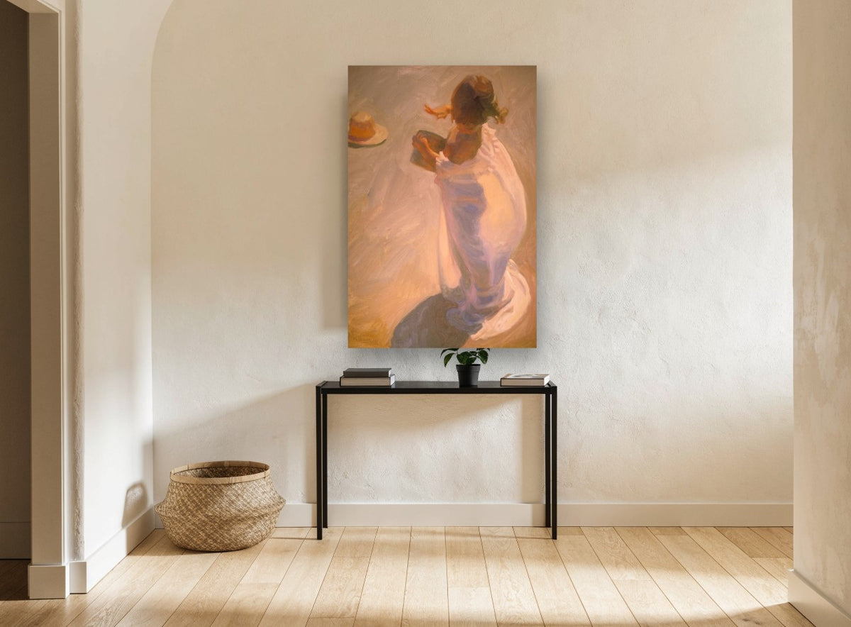 Sunlit Wrap on Sand coastal canvas print on the wall of a hallway