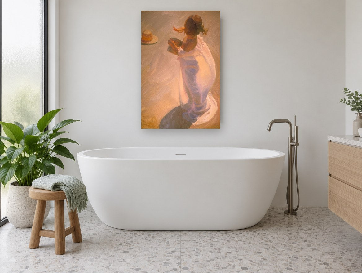Sunlit Wrap on Sand coastal canvas print on the wall of a bathroom