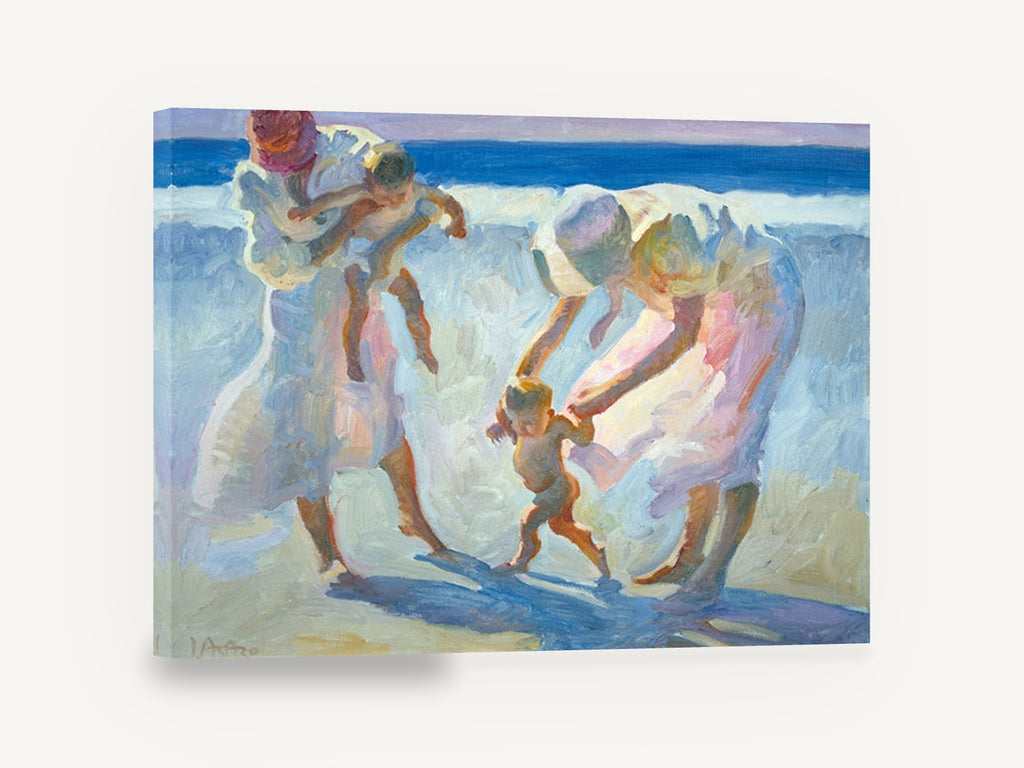 First Steps on the Sand, mothers and toddlers beach painting, coastal canvas wall art print ready to hang
