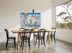First Steps on the Sand coastal canvas print on the wall of a dining room
